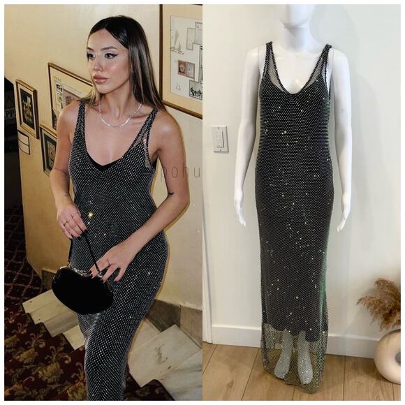 ZARA RHINESTONE MESH DRESS SPARKLY BLACK MULTI CHROME 2142/290 - Picture 1 of 14